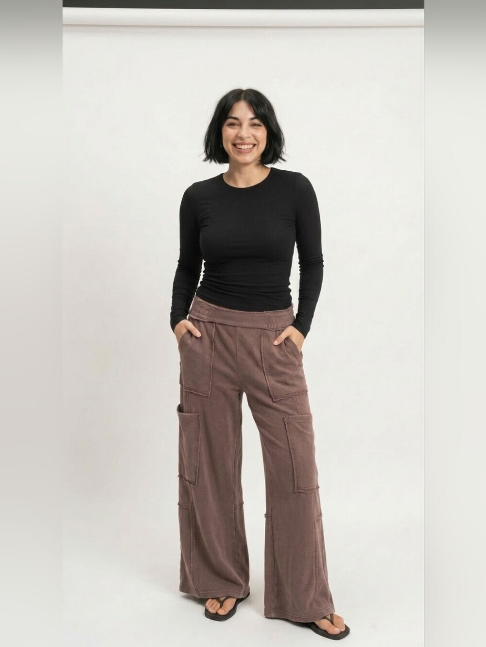 CloudDwellers Brown Mineral Washed Cotton Blend Wide Leg Cargo Sweatpants - Picture 6 of 7